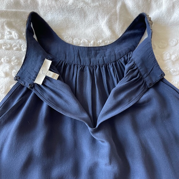 Joie | Embellished Silk Navy Drapey Tank with Beaded, Halter High Neckline โจ - Picture 6 of 9